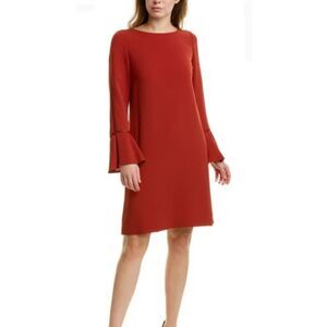 Lafayette 148 Jorie Shift Dress Size L Brick Red Knee Length Long Bell Sleeve